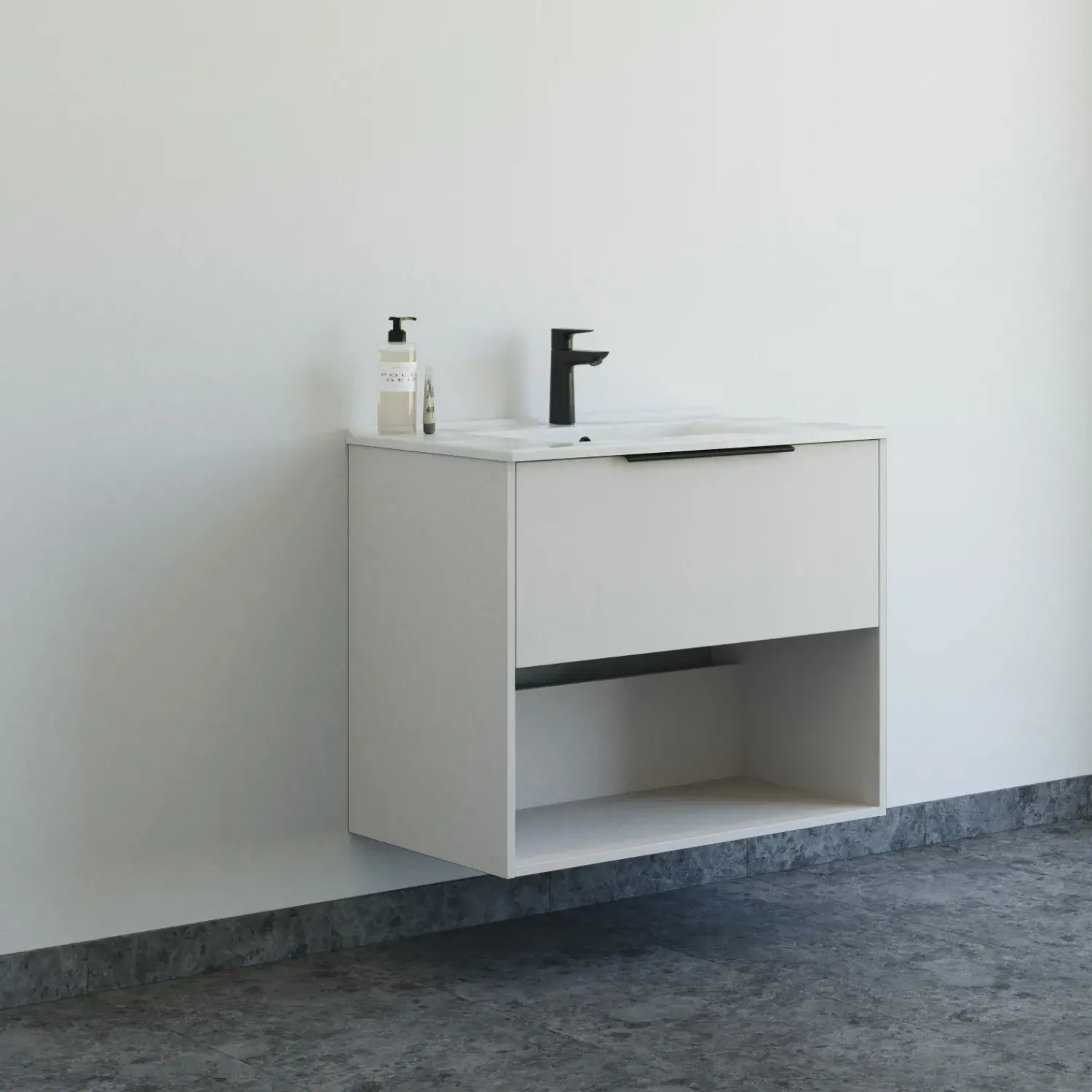 Vaskeskabe^Scanbad NOW vaskeskab m/én skuffe og åbent rum 65,8x101x45,5 cm mat sand glat front