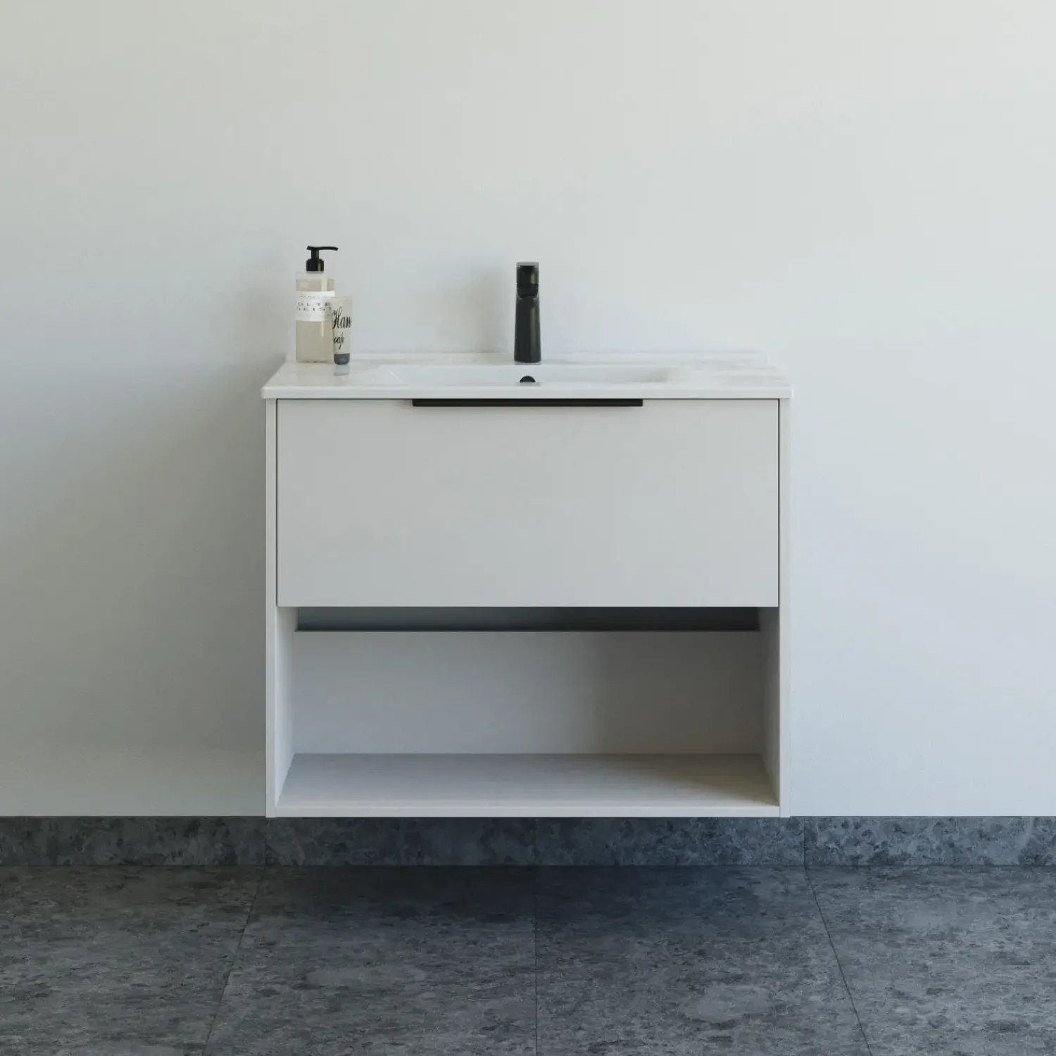 Vaskeskabe^Scanbad NOW vaskeskab m/én skuffe og åbent rum 65,8x101x45,5 cm mat sand glat front