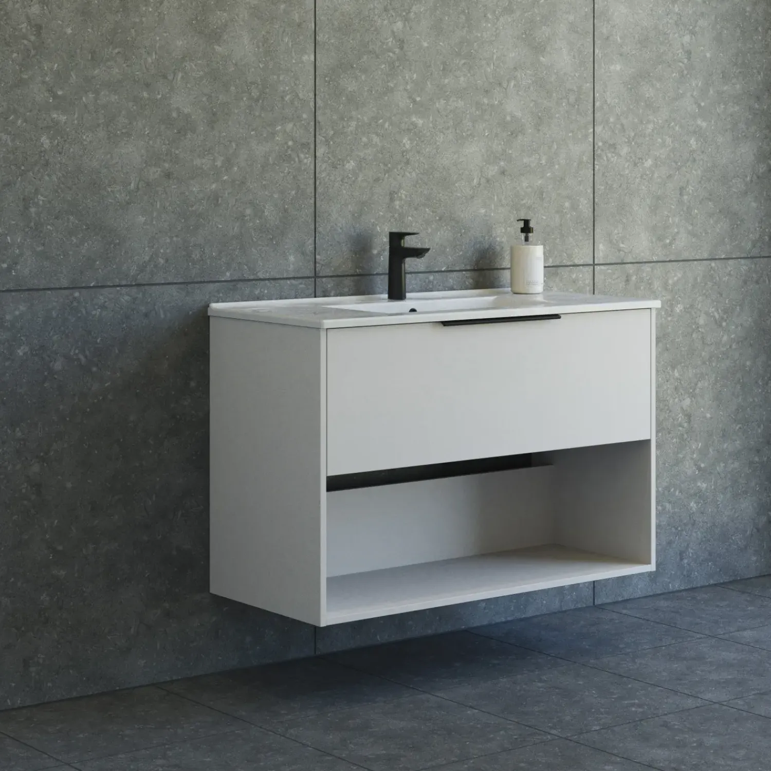 Vaskeskabe^Scanbad NOW vaskeskab m/én skuffe og åbent rum 65,8x101x45,5 cm mat sand glat front