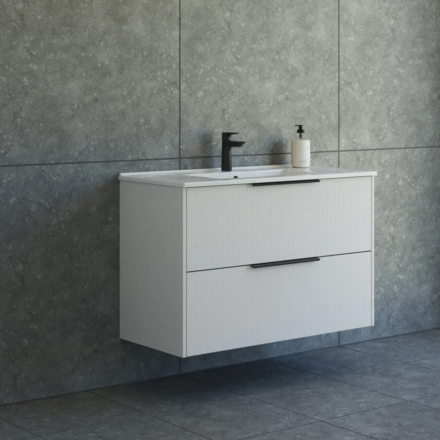 Vaskeskabe^Scanbad NOW vaskeskab m/to skuffer 65,8x81x45,5 cm, mat sand stribet front