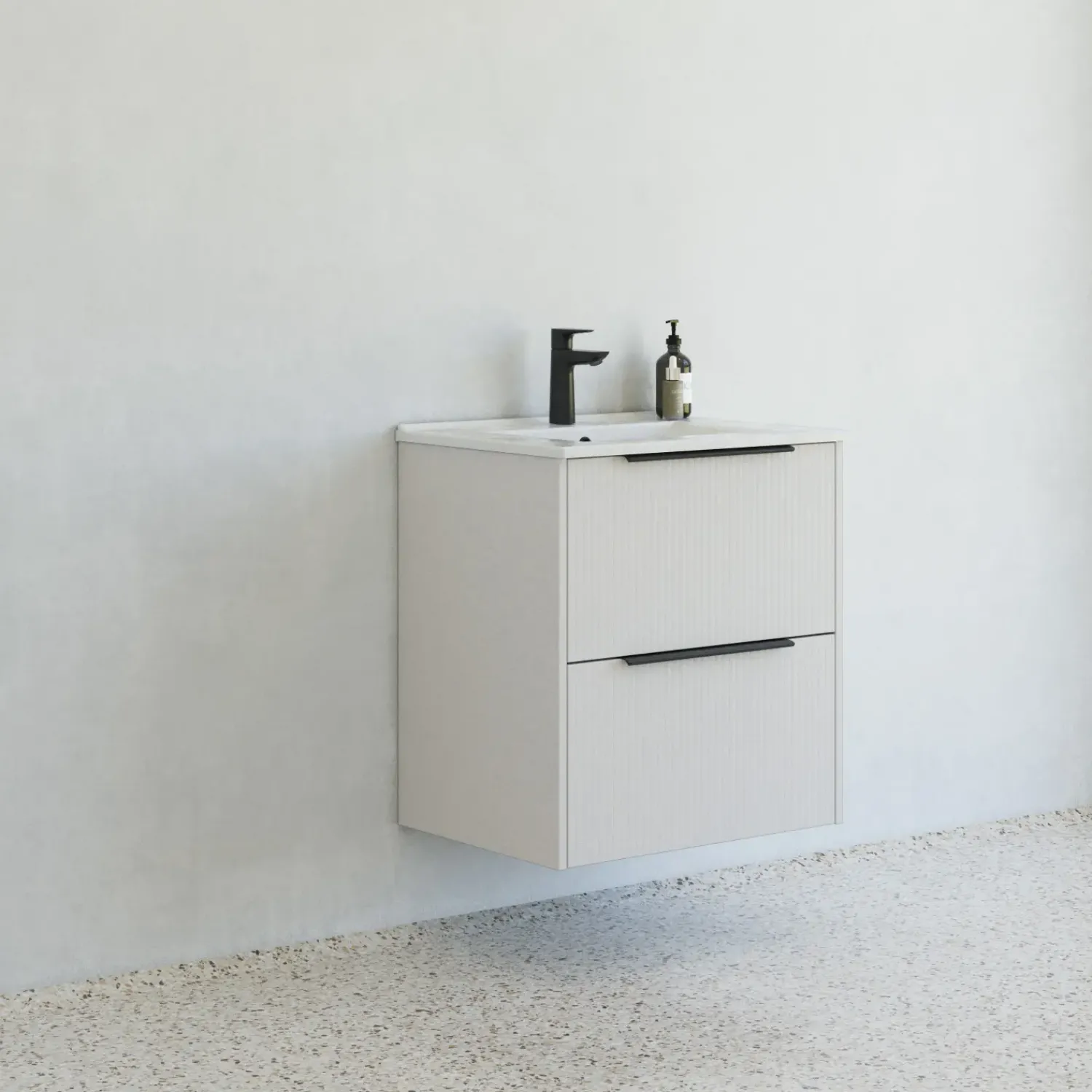 Vaskeskabe^Scanbad NOW vaskeskab m/to skuffer 65,8x81x45,5 cm, mat sand stribet front