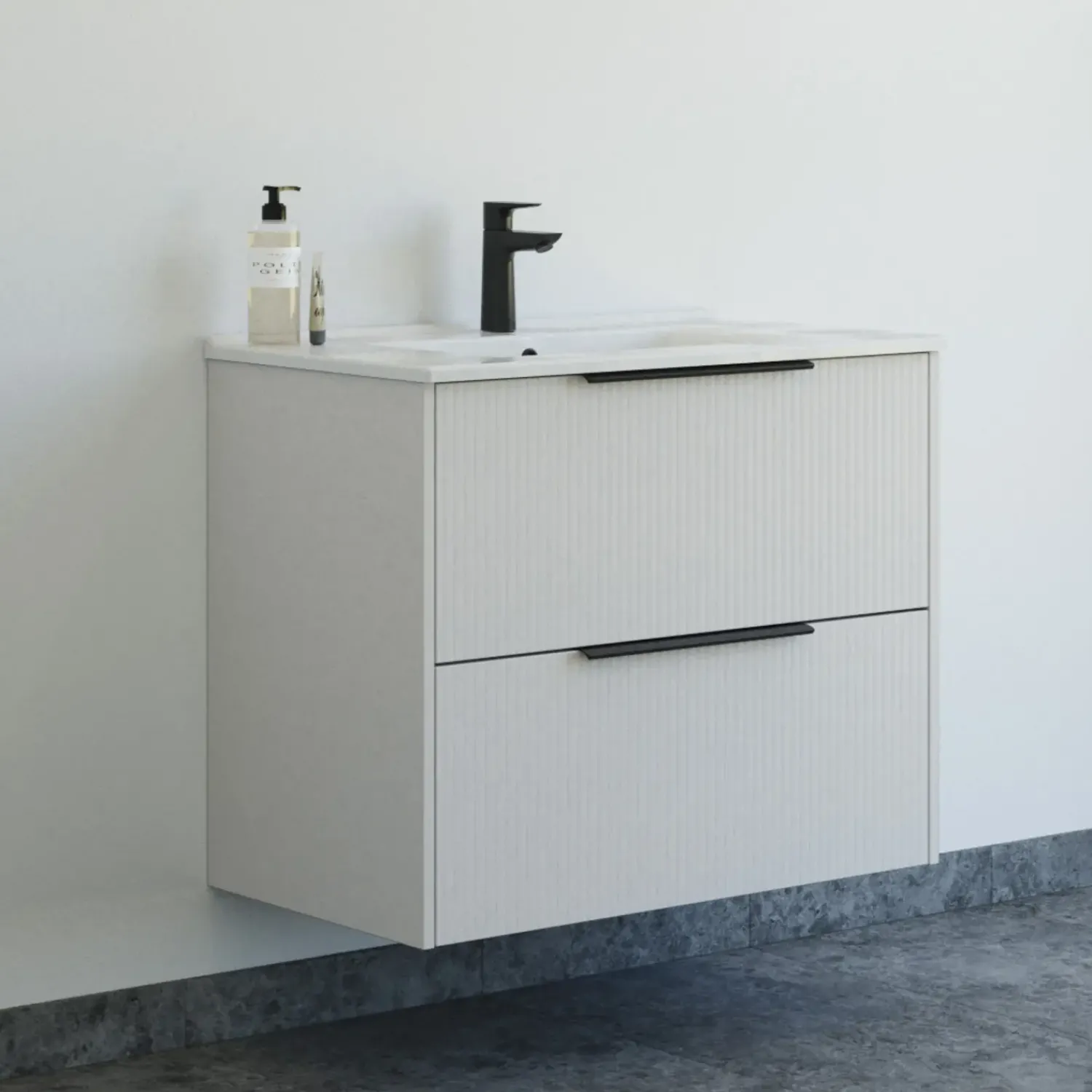 Vaskeskabe^Scanbad NOW vaskeskab m/to skuffer 65,8x81x45,5 cm, mat sand stribet front