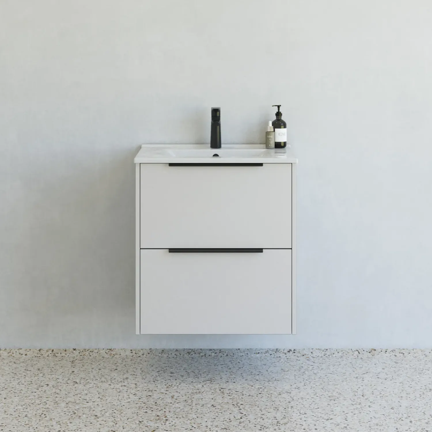 Vaskeskabe^Scanbad NOW vaskeskab m/to skuffer 65,8x81x45,5 cm mat sand glat front