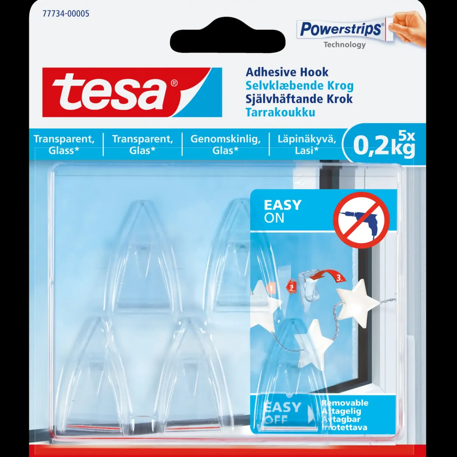 Tesa Tape Og Opmærkning^® Klæbekrog til transparente overflader og glas (0,2 kg) - 5-pk